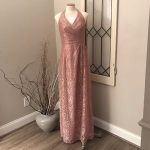 David's Bridal rose gold halter formal gown dress